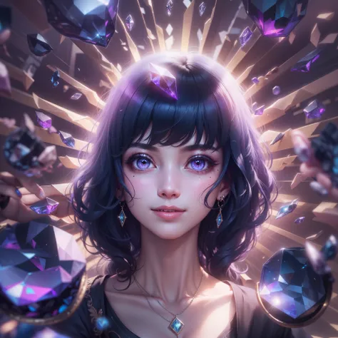 black hair girl, dark blue hair, twin drills, hairclip, mole under eye, purple eyes, earrings, crystal earrings, makeup, smile, Surrealism, god rays, ray tracing, Wide-Angle, panorama, 8k, super detail, masterpiece, high details, high quality, super detail