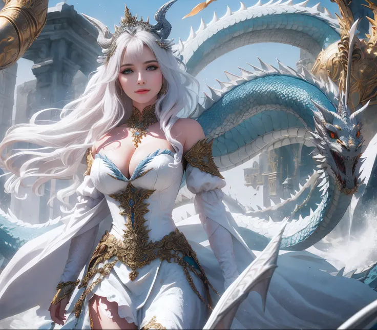 (16k, master part, best quality), ultra-detalhado, Olhos redondos bonitos detalhados, rosto lindamente detalhado, alta qualidade, high resolution, The Dragon Queen with her dragons, White dragon armor, deusa, rosto perfeito, corpo perfeito, mama grande, ((...