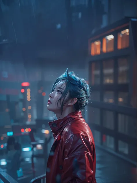 A sad man standing on the skycraper building with their loneliness, anger on the face, soaked wet building, rainy night, detailed portrait, wet in the rain, thunder lighting in the sky, dynamic pose, model pose, realistic face, detailed blue hairs, red eye...