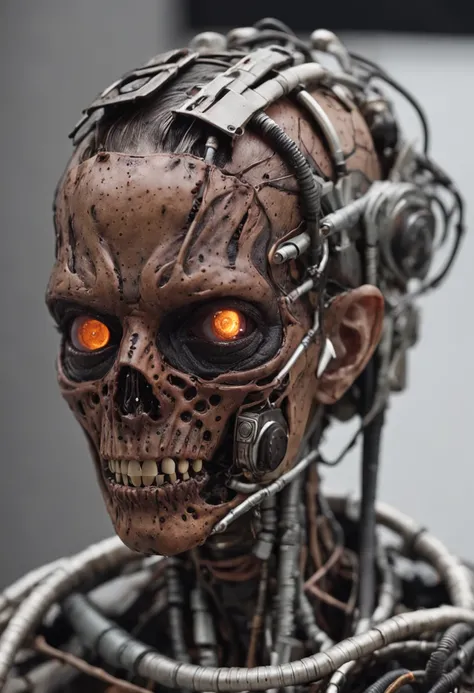 Zombie cyberpunk whole body, techno clothing, robotic arm, bionic eye, with skin that is full of burnt,Cables and pipes coming out of the head, esqueleto de metal, Electronic Parts, ambiente oscuro, blade runner, matrix, chopped and sliced skin, extremely ...