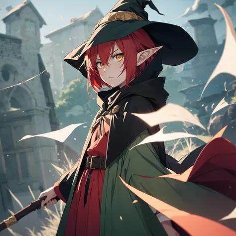 anime girl, little child, elf, Red hair, short hair , yellow eyes, witch, witch outfit, dark Green cape, rpg, cape covering your body, serious  face, anime style, angry face, hood, 8 years old, Grimoire, mage