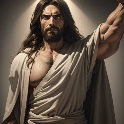 An ultra realistic photo of Jesus Christ. With an angry face. Showing your strength. Showing all its splendor. Perfect anatomy. Neutral background with only one color. Cinematic 8k.