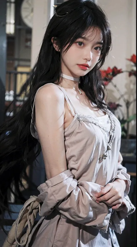 best qualtiy， 超高分辨率， （realisticlying：1.4），Baoyu Girl，1girll, with long coiled hair，Blushlush，Looking into the distance，nedium breasts，Lolita uniform，a sense of atmosphere，Beautiful woman with a slim figure:1.4，Ultra-fine face，Elaborate Eyes，二重まぶた，choker ne...