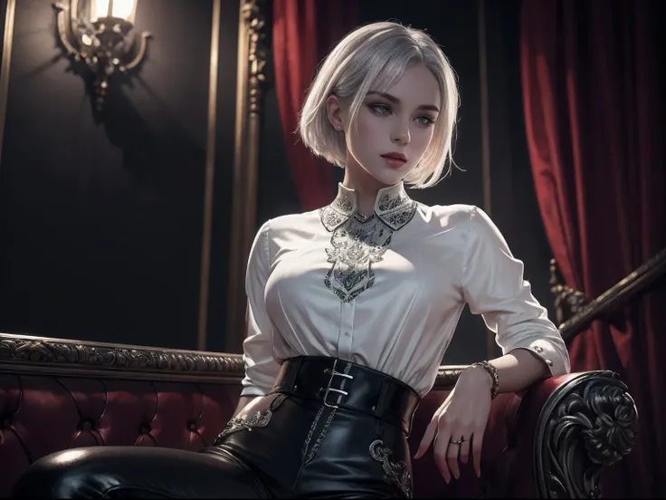 a beautiful 25 years old British female vampire royalty with short silver hair, pale skin, wearing silver colored shirt with red ornate lining and black tight pants, view from front, ambient lighting, photo realism, intricate face detail, intricate hand de...