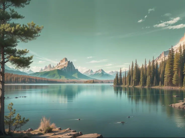 Illustration of a giant lake surrounded by trees with mountains on the horizon, (Vida selvagem) (Animais)(Folhas)(master part) 4k