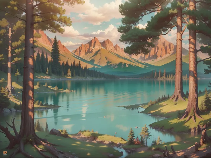 Illustration of a giant lake surrounded by trees with mountains on the horizon, (Vida selvagem) (Animais)(Folhas)(master part) 4k