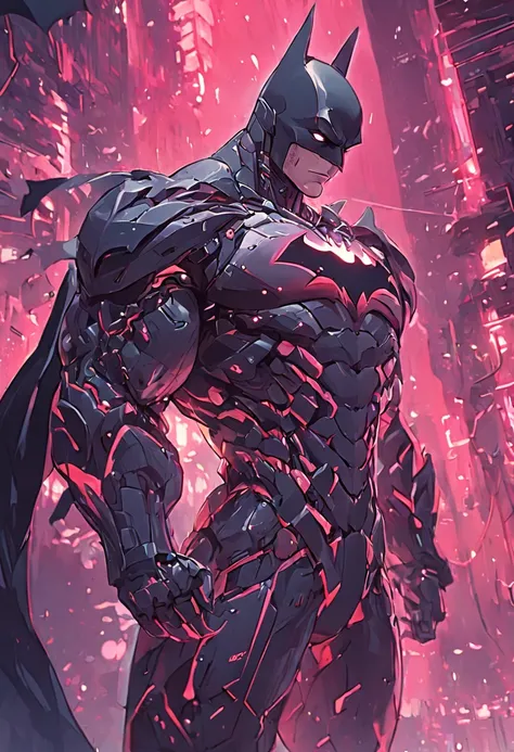 a Batman in cybernetic armor, ultra detalhado, cor vermelho . ::n_ desenho, Imperfection, baixa qualidade, boneco, jogo, anime, assinatura