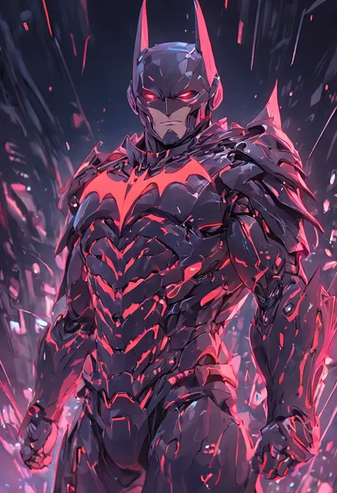 a Batman in cybernetic armor, ultra detalhado, cor vermelho . ::n_ desenho, Imperfection, baixa qualidade, boneco, jogo, anime, assinatura