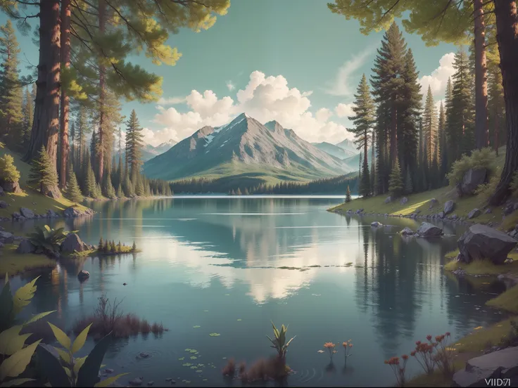 Illustration of a giant lake surrounded by trees with mountains on the horizon, (Vida selvagem) (Animais)(Folhas)(master part) 4k