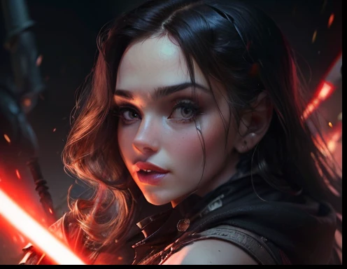 Detailed wide lens image of Lindsey Strutt fully clothed as a Sith Inquisitor, Star Wars, flowing long hair, stunning, toned, alluring, perfect face, gorgeous soft skin, red lightsaber, dark image, destruction behind, zoomed out, about to duel, evil