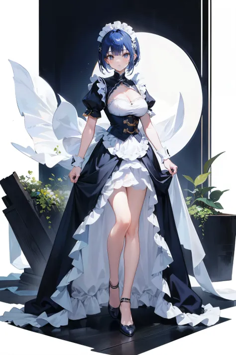 （hoang lap，A high resolution，ultra - detailed，distinctive），1girll，the maid outfit，The cleavage protrudes，Plain white background，Navy blue hair color，Full body standing painting，mid hair