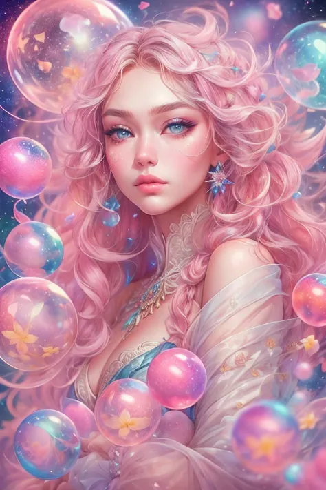 ((masterpiece)). This artwork is sweet, dreamy and ethereal, with soft pink watercolor hues and many ornate cotton candy accents. Generate a delicate and demure English fae exploring a (bubblegum world with a wide variety of pastel shades). Her sweet face ...