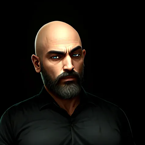 Man with bald head and beard in black shirt, anime , realistic animation style.