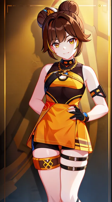 young girl, brown hair, Two buns, golden eyes, Tiger ears, Chinese yellow and blue dress, Shorts, Ironbound Bracers, Winks, Smile, Masterpiece, hiquality