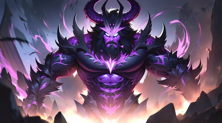 "Giant menacing man with massive horns, sporting a dark aura and an angry expression. He has a long black beard, surrounded by green thunder and a hint of purple aura.