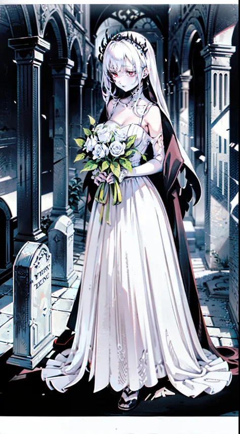 ugliness. neo-gothic. glomy. inkpunk minimalism. tim burton. corpse bride.white wedding gown，white dresses，red eyes，pale skin，bl...