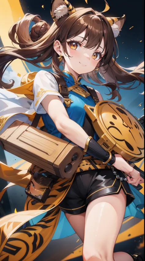 young girl, brown hair, Two buns, golden eyes, Tiger ears, Chinese yellow and blue dress, Shorts, Ironbound Bracers, Winks, Smile, Masterpiece, hiquality