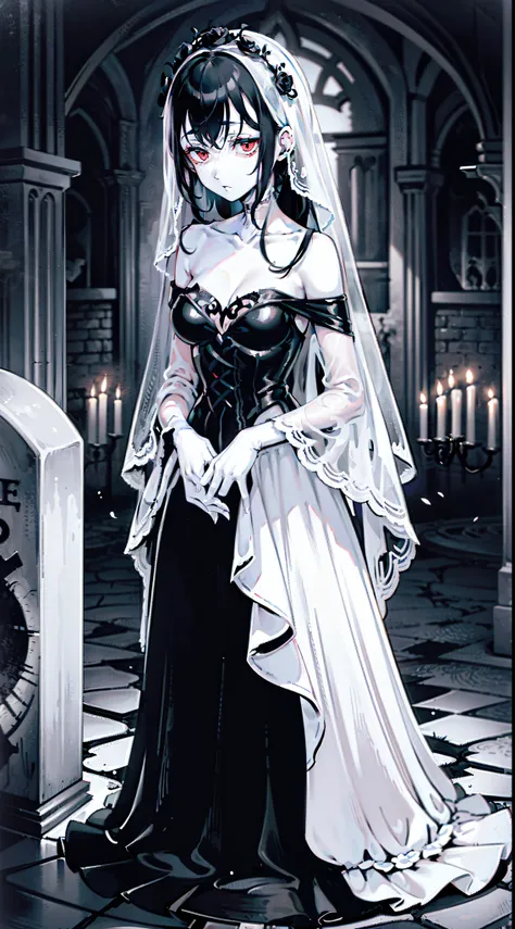 ugliness. neo-gothic. glomy. inkpunk minimalism. tim burton. corpse bride.white wedding gown，white dresses，red eyes，pale skin，bl...