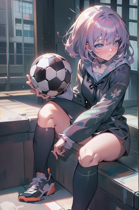 anime girl sitting on a ledge with a soccer ball in hand, anime moe artstyle, trending on artstation pixiv, kantai collection st...