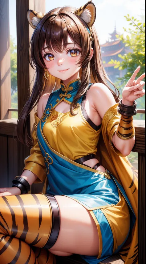 young girl, brown hair, Two buns, golden eyes, Tiger ears, Chinese yellow and blue dress, Shorts, Ironbound Bracers, Winks, Smile, Masterpiece, hiquality