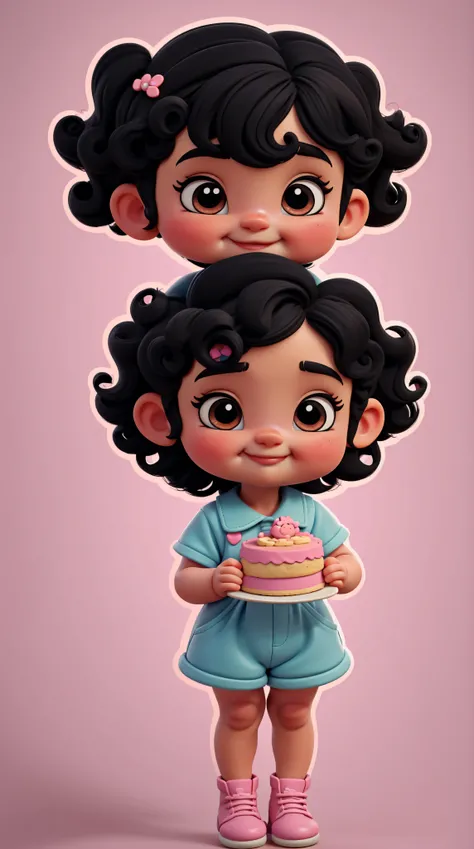 a cute little girl ((((baby style)))) in chibi pastry style, she has (((short black hair))), ((((very short black power hair))))), (((curly hair) ))), brown eyes, she is smiling, she is wearing a pink and blue jumpsuit, with white shoes, she is holding a s...