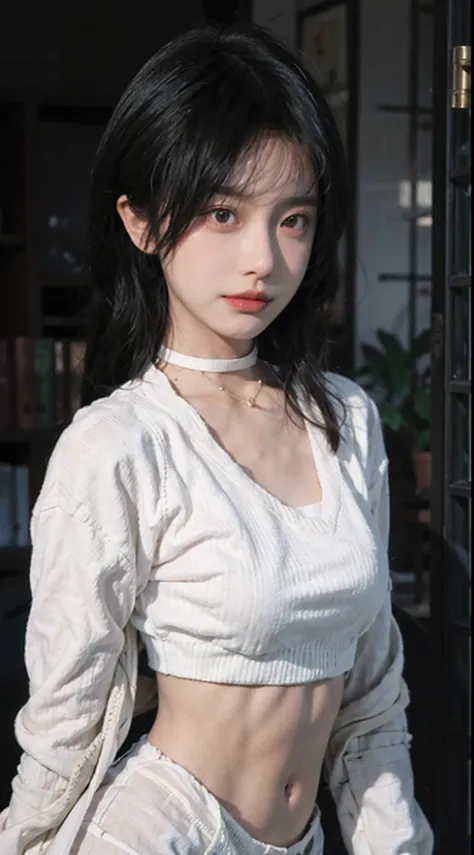 best qualtiy， 超高分辨率， （realisticlying：1.4），Baoyu Girl，1girll, with long coiled hair，Blushlush，Looking into the distance，nedium breasts，Cropped red sweater，a sense of atmosphere，Beautiful woman with a slim figure:1.4, Abs，Ultra-fine face，Elaborate Eyes，二重まぶた...