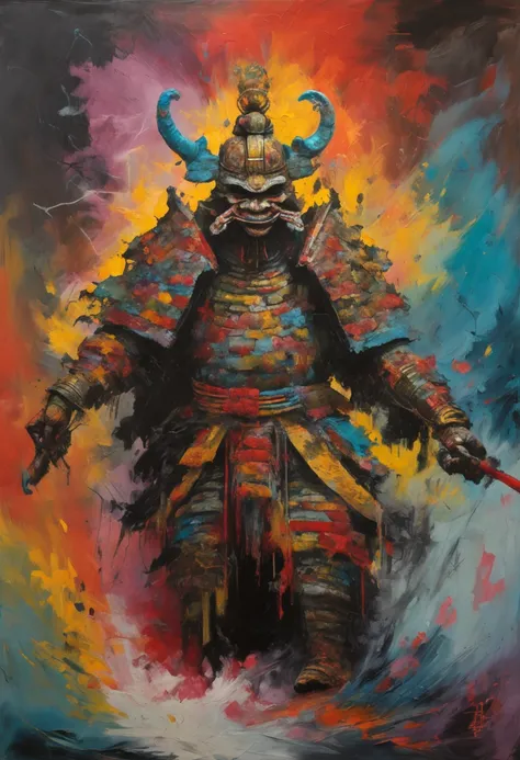 An ugly giant masked samurai deity as a creature in action and unleashing an attack on enemies,Estilo Vincent van Gogh,Estilo FW Murano, armadura GALAXY de corpo inteiro, smoke plumes from black jet plumes,explosion of vibrant colors, incrivelmente detalha...