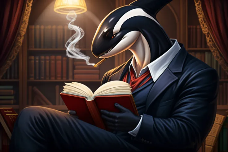 Orca peluda roxa, musculoso, smoking vermelho, professor, sentado em uma cadeira, lendo um livro