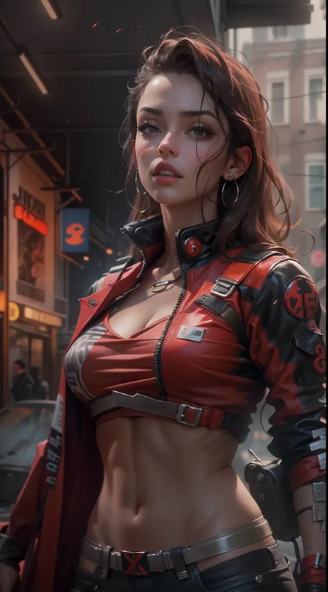 motor irreal:1.4,CG ultra realista 64K, fotorrealista:1.4, textura de la piel:1.4, obra maestra:1.4,Beautiful woman posing behind in red latex posing on a city street, Obra maestra de CGsociety,Apocalyptic city of fire,cyberpunk, hermosas manos finas,