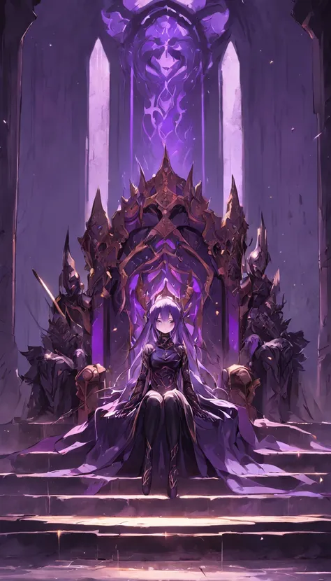 One with black and purple hair, Purple eye，Women in black armor sit on majestic thrones inside an abandoned palace. The environment around him was dark and gloomy, It was pitch black all around。I can only see that the throne has magnificence, Gold and gems...