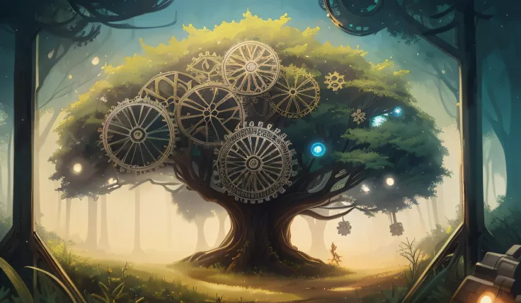 there is a tree with gears on it in a forest, steampunk forest, steampunk forest background, fantasy tree, cyril rolando and goro fujita, inspired by Brian Despain, surreal concept art, world tree, a beautiful artwork illustration, background artwork, tree...