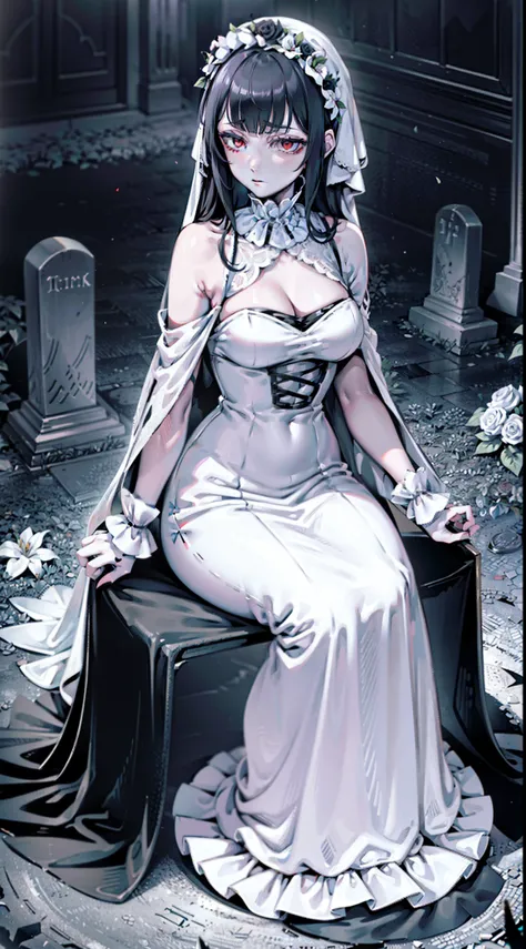 ugliness. Neo-Gothic. glomy. inkpunk minimalism. Tim Burton. Two corpse brides.white wedding gown，white dresses，Red eyes，Pale skin，Black color hair，Black shawl，In the dark，Dark environment，Plenty of tombstones，Sit in the cemetery，White flowers，The body is ...