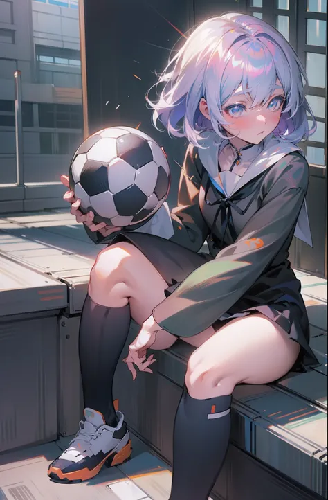 Anime girl sitting on a ledge with a soccer ball in her hand, anime moe artstyle, trending on artstation pixiv, kantai collection style, arte anime de alta qualidade, retrato de corpo inteiro de um curto!, Estilo anime 4K, Melhor Avaliado em Pixiv, (menina...