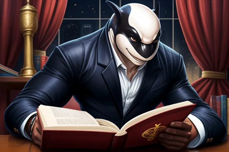 Orca humanoide roxa, musculoso, terno vermelho, professor, sentado em uma cadeira, lendo um livro