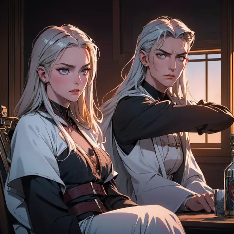 Alucard, with piercing crimson eyes (intensity:1.3), cheveux blonds, se tient haut et imposant dans un manteau noir sur mesure (hardware: laine fine) who gracefully cascades to his knees. Her silver hair (brightness:1.1) flows like liquid mercury, contrast...