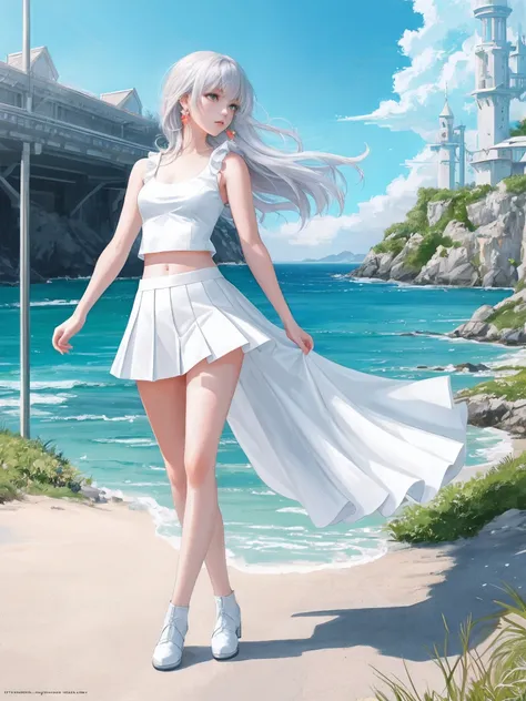 modelshoot style, (extremely detailed CG unity 8k wallpaper), full body photo of the most beautiful artwork in the world, stunningly beautiful photorealistic cute young anime girl in the most urban outfit, short white skirt, sleeveless white top, cropped, ...