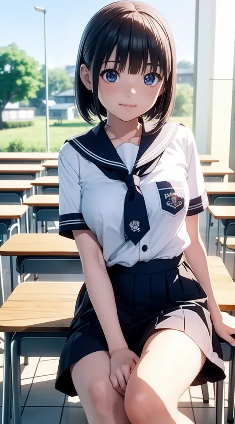 1人の女性、((3d anime))、kawaii、18year old、Bob Hair、Country life、Summer sky、Rural atmosphere、Random Poses、Random attire、Being in the classroom、Wearing a Japan uniform、Dine with classmates、Sitting in a seat