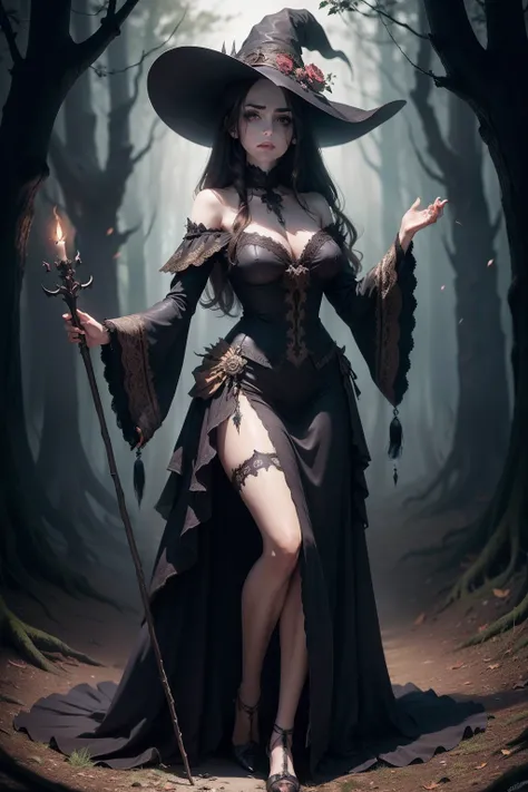 best quality, masterpiece, detailed, full-body-shot, beautiful undead witch, dark forest. brown hair