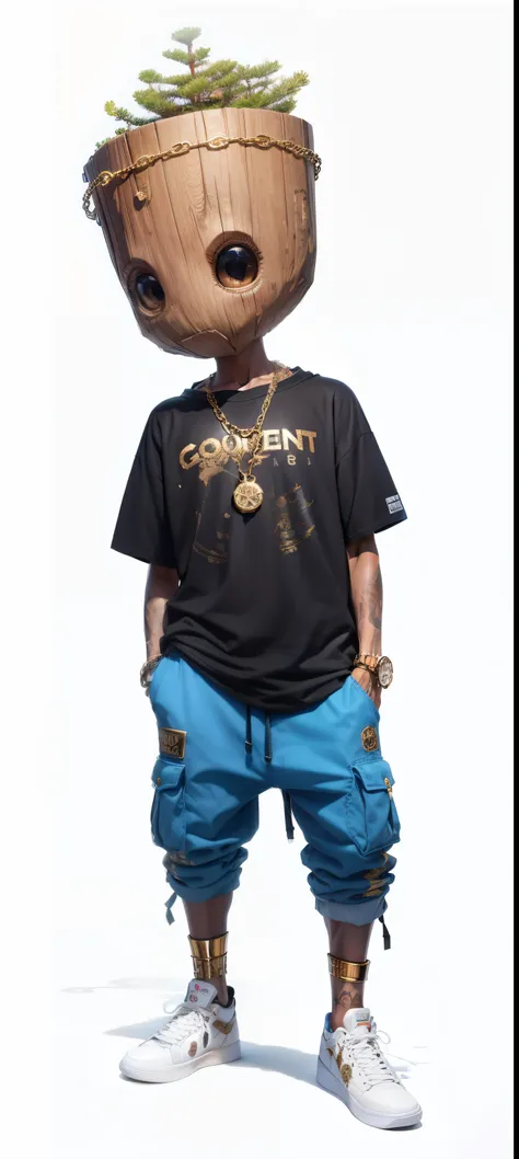 groot street wear, golden chains, bucket hat, gold watch, corpo de madeira