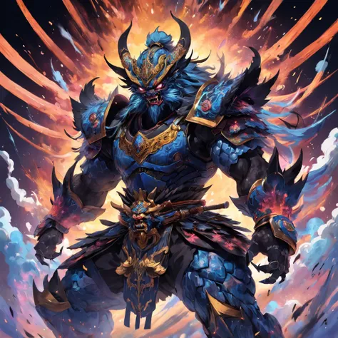 an ugly behemoth masked divinity samurai like creature in action and unleashing an attack against enemies,vincent van gogh style,fw murano style, full body GALAXY armour, plumes of jet black plumes smokes,vibrant colour blast, incredibly detailed, morbid, ...