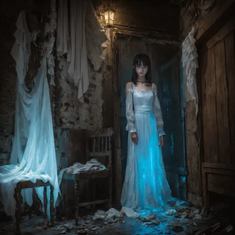 girl in antique handmade white dress、standing indoors、photos of ghosts only japan teenage girl. in the dim light, the scope of c...