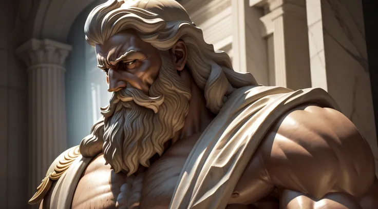 Hyper realistic photo of a marble statue of a man with a muscular beard, sentado, pensativo