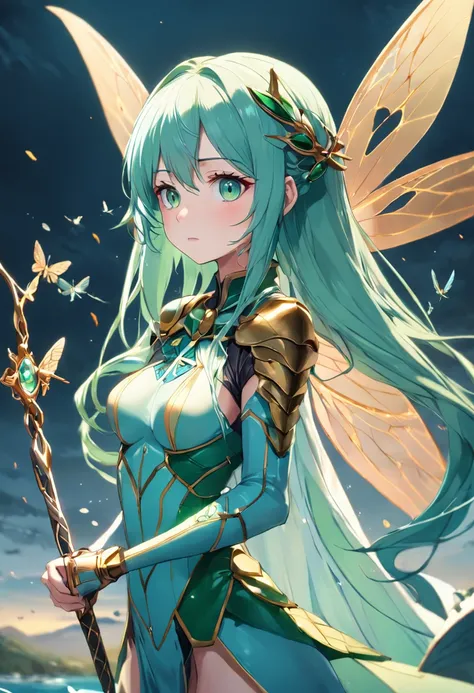 obra prima, melhor qualidade, anatomicamente correto, aspecto de capa de anime, (1 mulher alada), (aquamarine green hair), dragonfly wings, (asas nas costas), orelhas pontudas, fada, graciosa, Medieval heroine, armadura