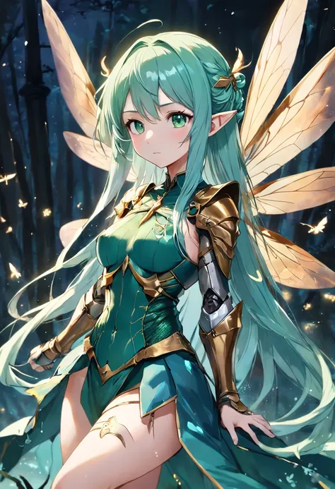 obra prima, melhor qualidade, anatomicamente correto, aspecto de capa de anime, (1 mulher alada), (aquamarine green hair), dragonfly wings, (asas nas costas), orelhas pontudas, fada, graciosa, Medieval heroine, elven armor