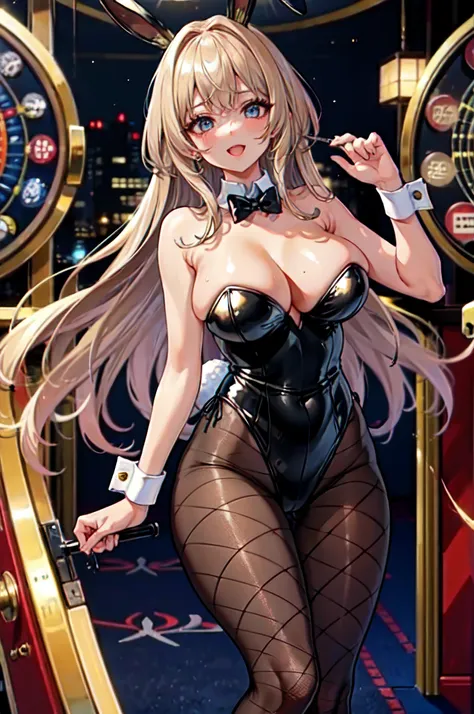 (Five Fingers, 4fingers and 1thumb), Transcendently Beautiful Girl, (masterpiece face, masterpiece eyes:1.1), (long Blonde Hair), BREAK, Flat_Chest, Huge_breasts, wide_lower back, Open your mouth and laugh smile, long eyelashes, makeup, BREAK, Bunny Girl, ...