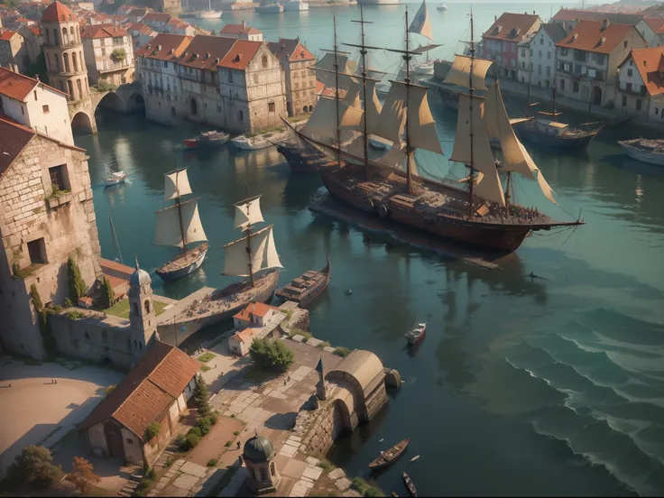 O porto de Uma cidade medieval europeia, with ships on the water, morning , nevoeiro, Ray tracing.