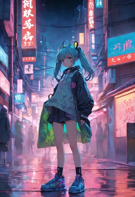 a girl, 16yo, the night，Orgy，Have a skateboard，By oneself，城市，Cyberpunk Personality，smog，Street Fashion，ear phone，the street，outside of house，neon light，smog,