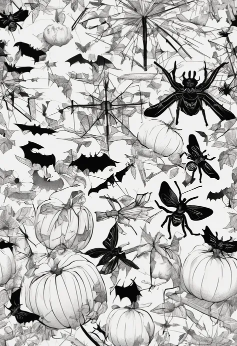 white pumpkin decorated with spiders and bats, in the style of light white and light beige, witchy academia, happycore, philip treacy, larry elmore, piles/stacks, on white solid background 50 --s 2