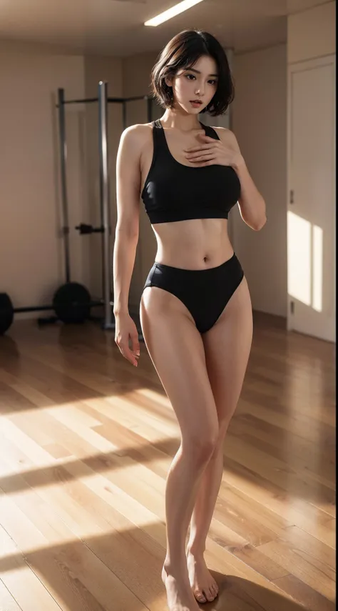 ((nsfw)),(gigantic breast:1),(masterpiece, best quality),((high resolution 4k)), 1lady, solo, black short hair, loose waves,standing on the floor,in the gym,golden sheer transparent sport wears,front view,dynamic camera