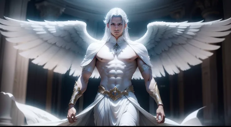 MALE RING-FACE ANGEL ALL DRESSED IN WHITE ROBEL WITH GIANT WINGS cinematic shot + photo taken by ARRI, photo taken by canon, photo taken by fuji, photo taken by kodak + incredibly detailed, sharpen, details + professional lighting, film lighting + 35mm + a...